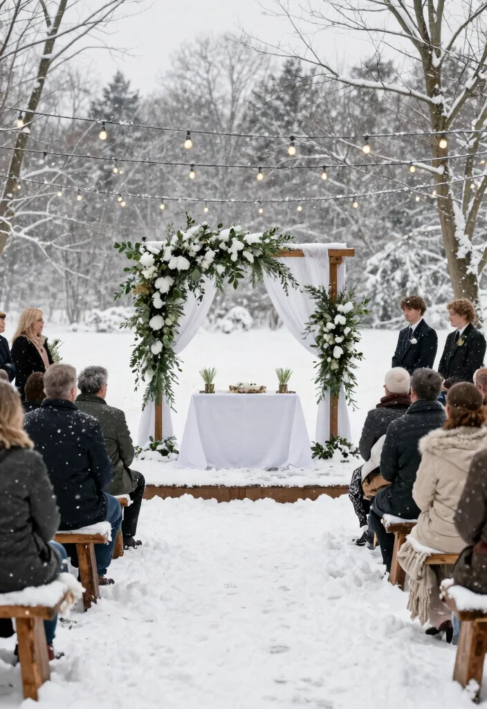 20 Cozy Rustic Winter Wedding Decor Ideas That'll Make You Feel Right at Home! - 16. Snowy Backdrop 1