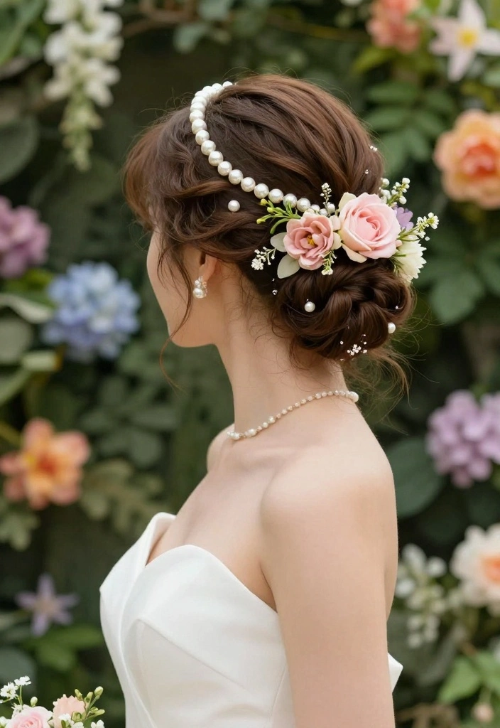 20 Stunning Bridal Hairstyles with Pearls That Will Leave Everyone in Awe! - 10. Floral Updo with Pearls 1
