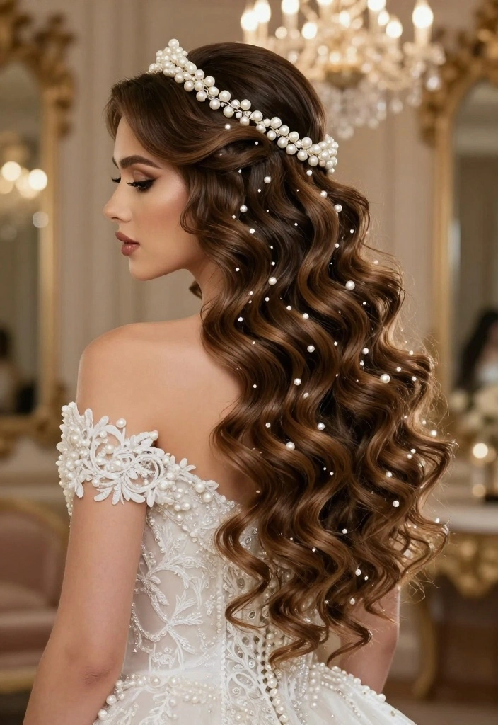 20 Stunning Bridal Hairstyles with Pearls That Will Leave Everyone in Awe! - 12. Glamorous Cascading Curls with Pearls 1