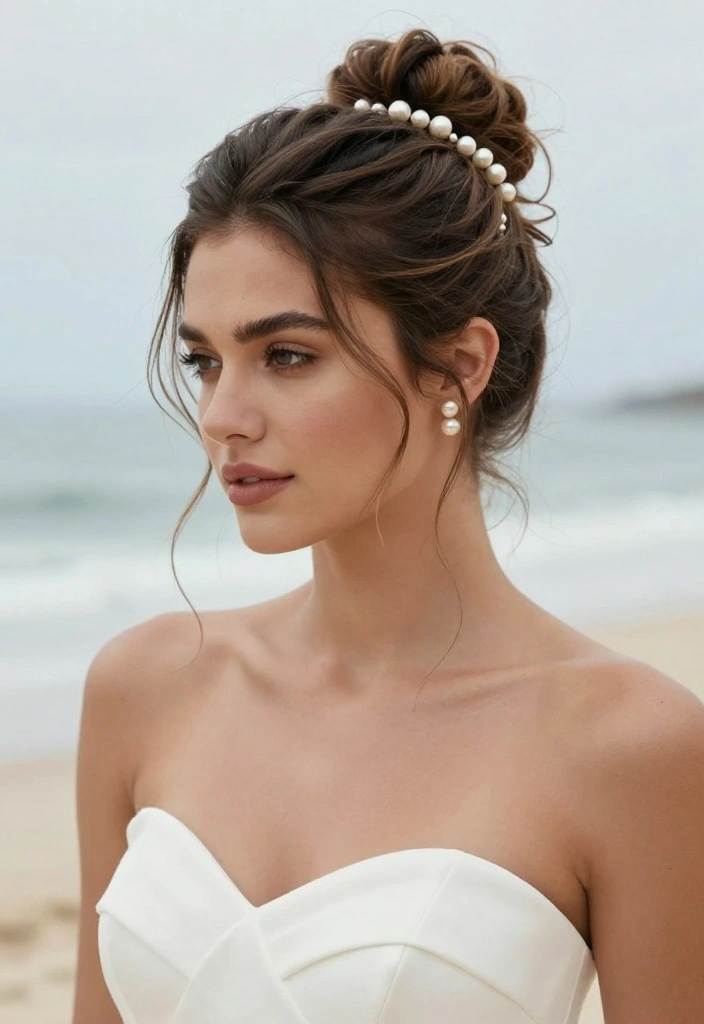 20 Stunning Bridal Hairstyles with Pearls That Will Leave Everyone in Awe! - 5. Messy Bun with Pearl Details 1