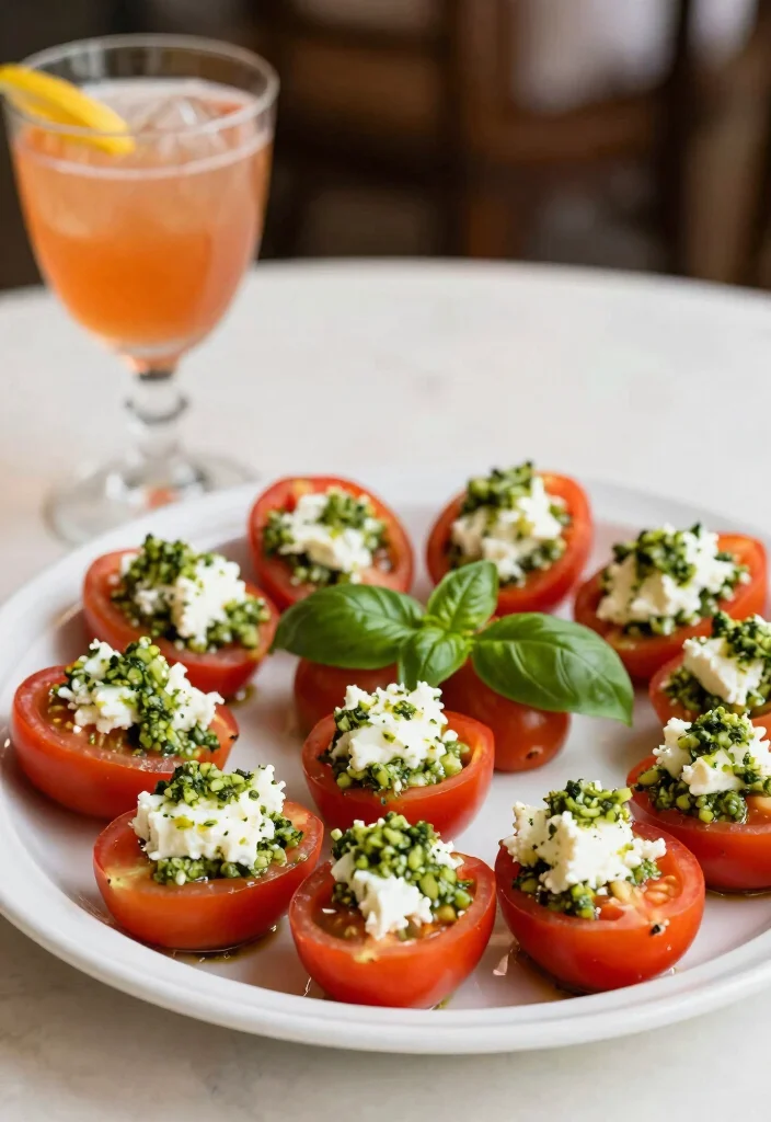 25 Wedding Snacks Perfectly Paired with Cocktails (Your Guests Will Toast to #11!) - 18. Pesto and Goat Cheese Stuffed Tomatoes 1