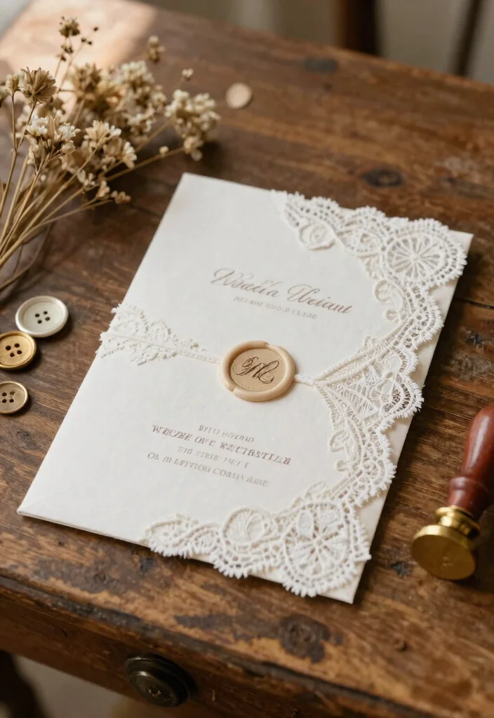 17 Custom Elegant Wedding Invitations That Perfectly Match Your Wedding Theme! - 4. Vintage Touch: Lace and Embroidery 1
