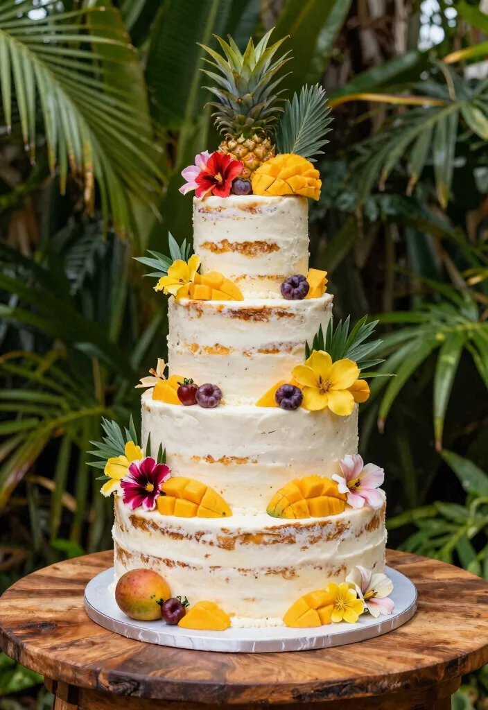 22 Tropical Destination Wedding Ideas That'll Make You Feel Like You're in Paradise! - 3. Tropical-Themed Wedding Cake 1